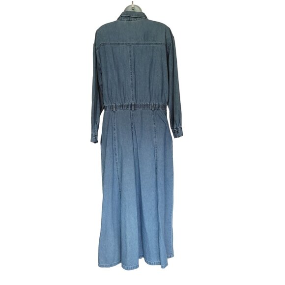Vtg 80s Cowgirl Dress TOGETHER Denim Button Front Lace Insert Wide Sweep Elastic - Picture 8 of 11